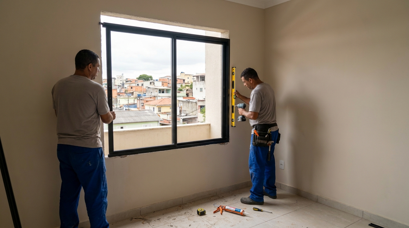 Esquadria de alumínio em quarto bege em Brasília-DF