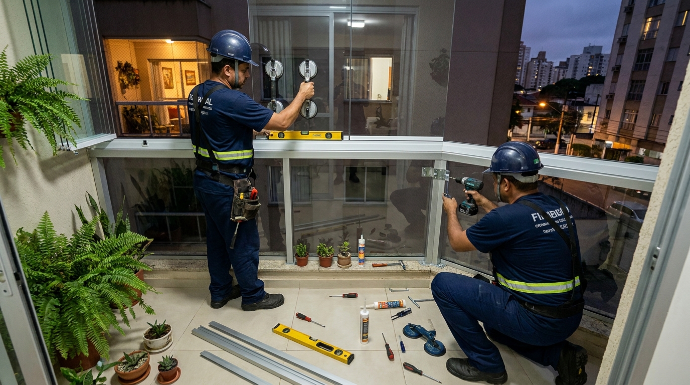 Instalação noturna de parede de vidro em Brasília-DF