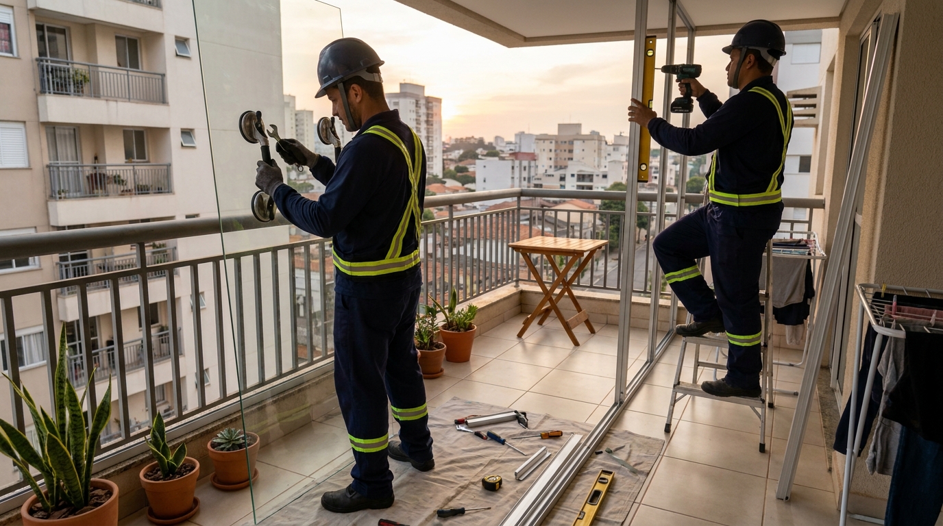 Instalação de parede de vidro em sacada em Brasília-DF