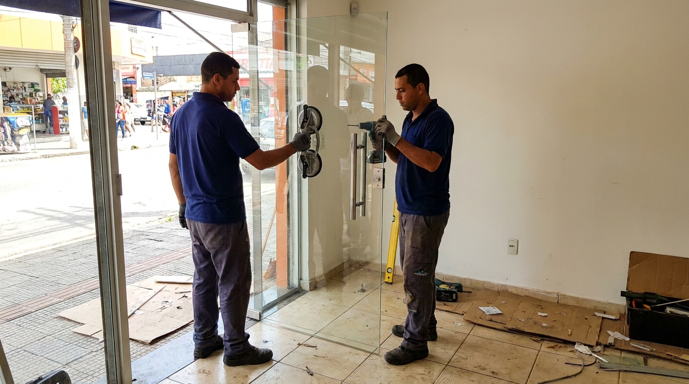 Porta de vidro de loja em rua movimentada em Brasília-DF